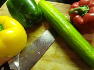 Yellow, Green & Red Pepper & an English Cucumber 